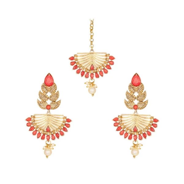 Women's Rose Gold Plated Alloy Kundan Earrings & Mangtikka (Gold & Red)