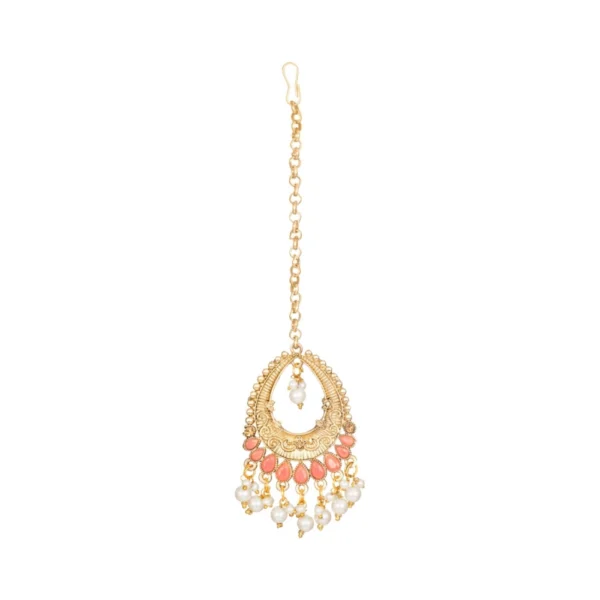 Women's Rose Gold Plated Alloy Kundan Earrings & Mangtikka (Pink)