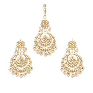 Women's Rose Gold Plated Alloy Kundan Earrings & Mangtikka (White)