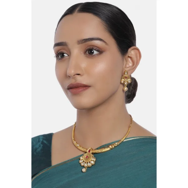 Women's Rose Gold Plated Alloy Necklace & Earings Set (Red & White)