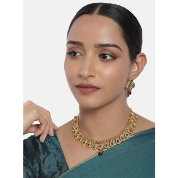 Women's Rose Gold Plated Alloy Choker Necklace Set (Green & Red)