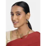 Women's Rose Gold Plated Alloy Necklace & Earings Set (Green & Red)