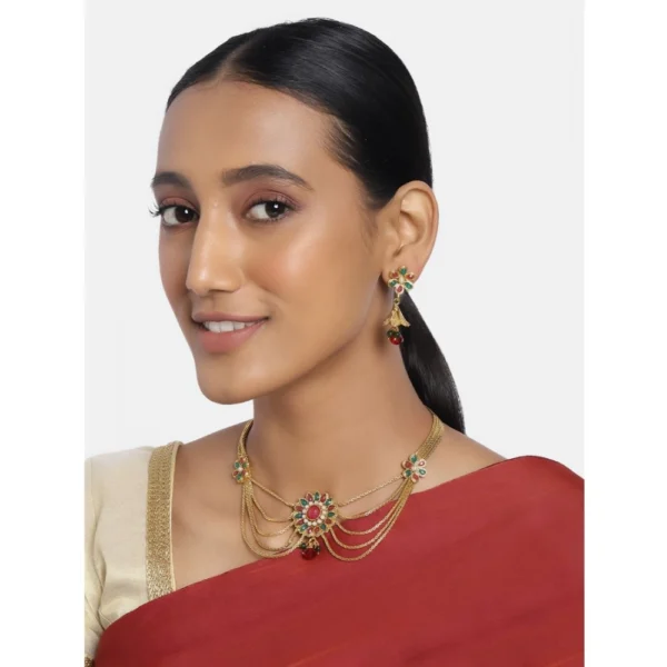 Women's Rose Gold Plated Alloy Necklace & Earings Set (Green & Red)