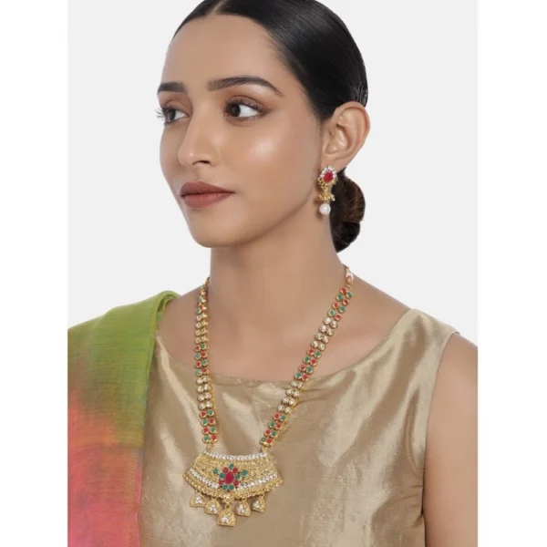 Women's Rose Gold Plated Alloy Necklace & Earings Set (Green & Red)