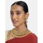 Women's Rose Gold Plated Alloy Necklace Earrings With Maangtika Set (Gold)