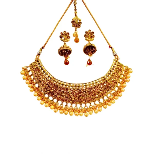 Women's Rose Gold Plated Alloy Necklace Earrings With Maangtika Set (Gold)