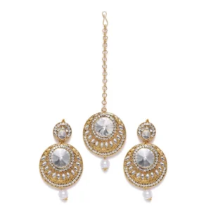 Women's Rose Gold Plated Alloy Kundan Earrings & Mangtikka (White)