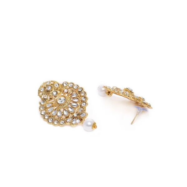 Women's Rose Gold Plated Alloy Kundan Earrings & Mangtikka (White)