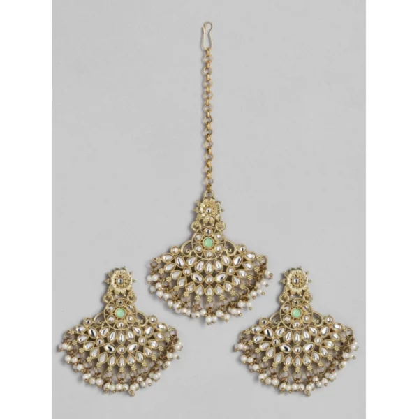 Women's Rose Gold Plated Alloy Kundan Earrings & Mangtikka (White)