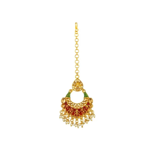 Women's Rose Gold Plated Alloy Kundan Earrings & Mangtikka (Red & Green)
