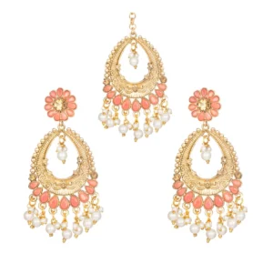 Women's Rose Gold Plated Alloy Kundan Earrings & Mangtikka (Pink)