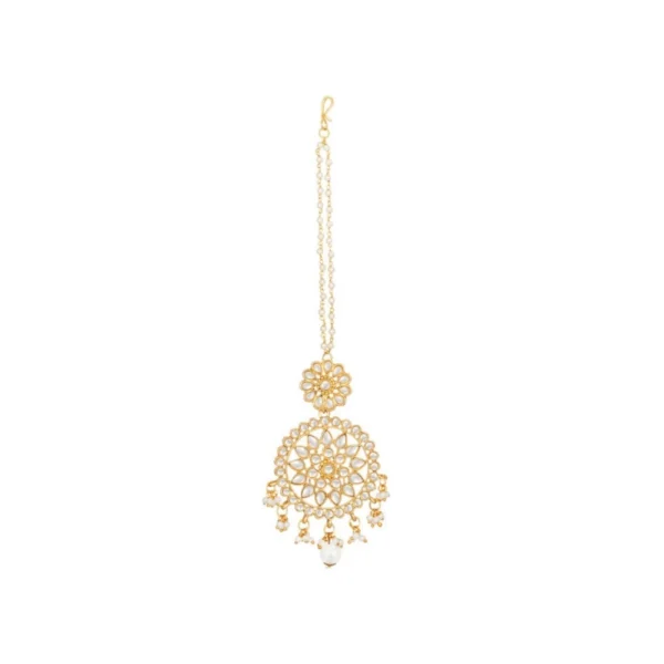 Women's Rose Gold Plated Alloy Kundan Earrings & Mangtikka (White)