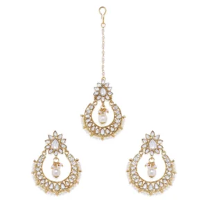 Women's Rose Gold Plated Alloy Kundan Earrings & Mangtikka (White)