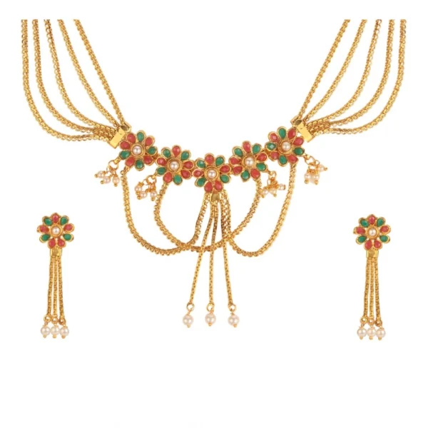 Women's Rose Gold Plated Alloy Necklace Set (Green & Red)