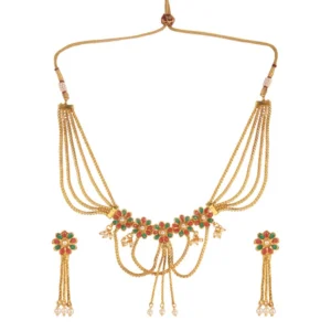 Women's Rose Gold Plated Alloy Necklace Set (Green & Red)