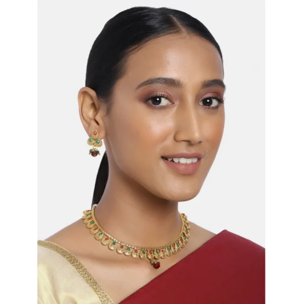 Women's Rose Gold Plated Alloy Necklace & Earings Set (Green & Red)