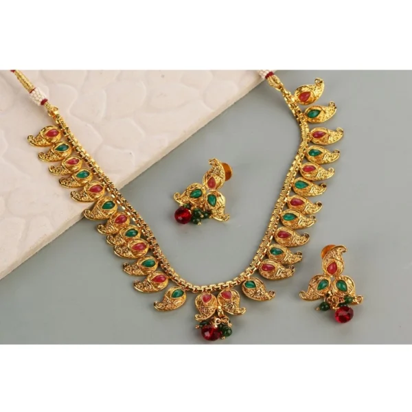 Women's Rose Gold Plated Alloy Necklace & Earings Set (Green & Red)