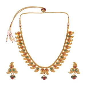Women's Rose Gold Plated Alloy Necklace & Earings Set (Green & Red)