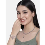 Women's Rose Gold Plated Brass Pendant Chain With Beaded Bracelet (Grey)