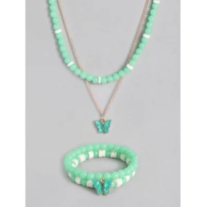 Women's Rose Gold Plated Brass Pendant Chain With Beaded Bracelet (Light Green)