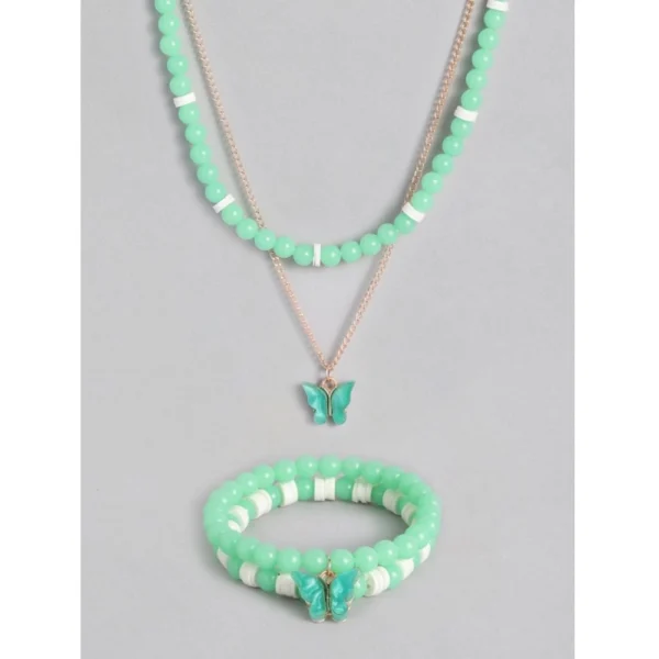 Women's Rose Gold Plated Brass Pendant Chain With Beaded Bracelet (Light Green)