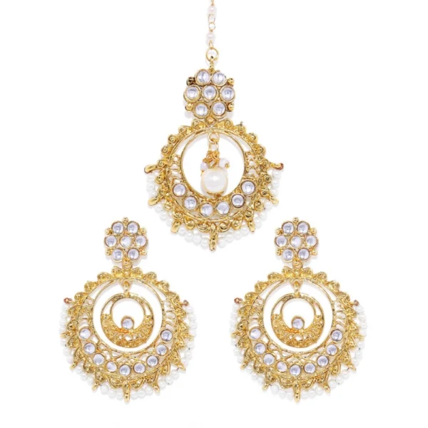 Women's Rose Gold Plated Alloy Kundan Earrings & Mangtikka (White)
