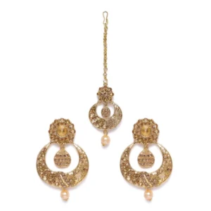 Women's Rose Gold Plated Alloy Kundan Earrings & Mangtikka (Gold)