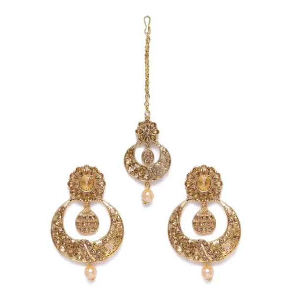 Women's Rose Gold Plated Alloy Kundan Earrings & Mangtikka (Gold)