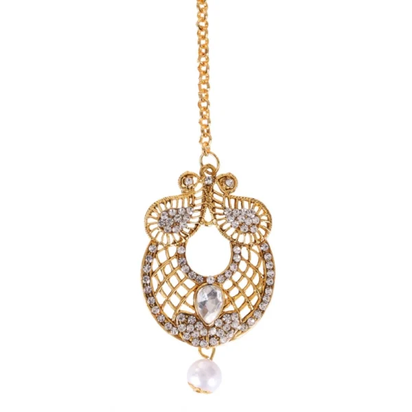 Women's Rose Gold Plated Alloy Kundan Earrings & Mangtikka (White)