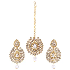 Women's Rose Gold Plated Alloy Kundan Earrings & Mangtikka (White)