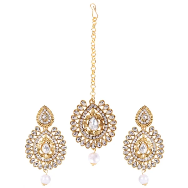 Women's Rose Gold Plated Alloy Kundan Earrings & Mangtikka (White)