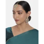 Women's Rose Gold Plated Alloy Kundan Earrings & Mangtikka (White)