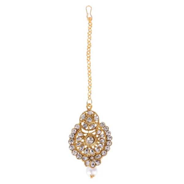 Women's Rose Gold Plated Alloy Kundan Earrings & Mangtikka (White)