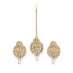 Women's Rose Gold Plated Alloy Kundan Earrings & Mangtikka (White)