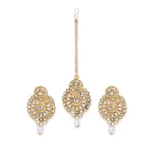 Women's Rose Gold Plated Alloy Kundan Earrings & Mangtikka (White)