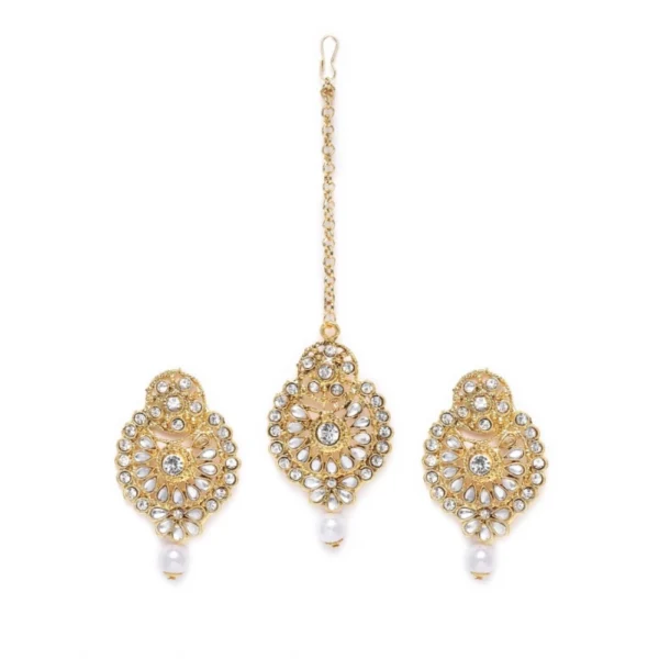 Women's Rose Gold Plated Alloy Kundan Earrings & Mangtikka (White)