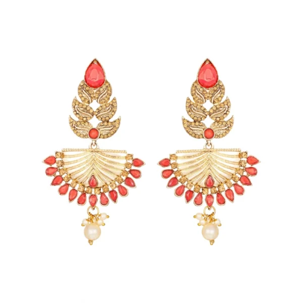Women's Rose Gold Plated Alloy Kundan Earrings & Mangtikka (Gold & Red)