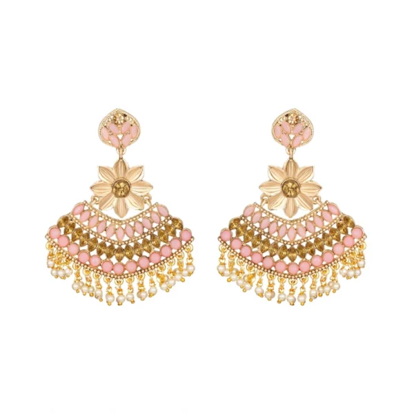 Women's Rose Gold Plated Alloy Kundan Earrings & Mangtikka (Pink)