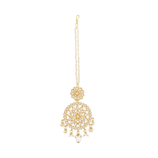 Women's Rose Gold Plated Alloy Kundan Earrings & Mangtikka (White)