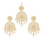 Women's Rose Gold Plated Alloy Kundan Earrings & Mangtikka (White)