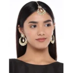 Women's Rose Gold Plated Alloy Kundan Earrings & Mangtikka (White)