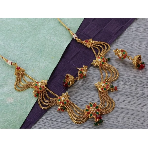 Women's Rose Gold Plated Alloy Necklace Set (Green & Red)