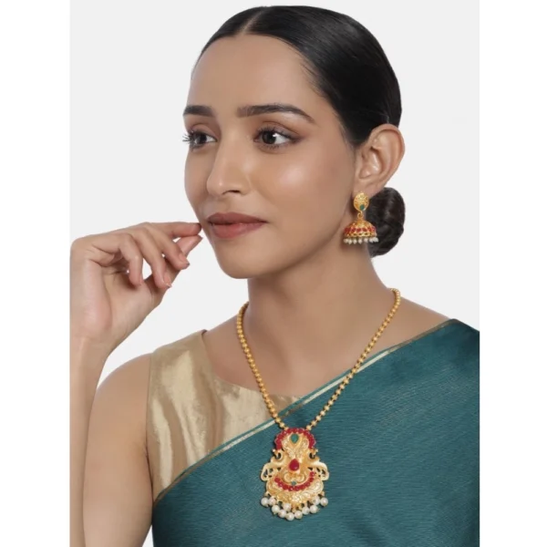 Women's Rose Gold Plated Alloy Jewellery Chain Pendant Sets (Gold & Red)