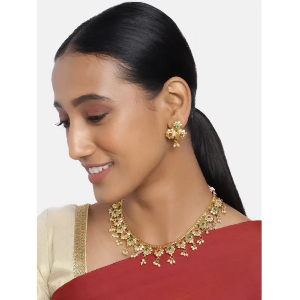 Women's Rose Gold Plated Alloy Necklace & Earings Set (Green & Red)