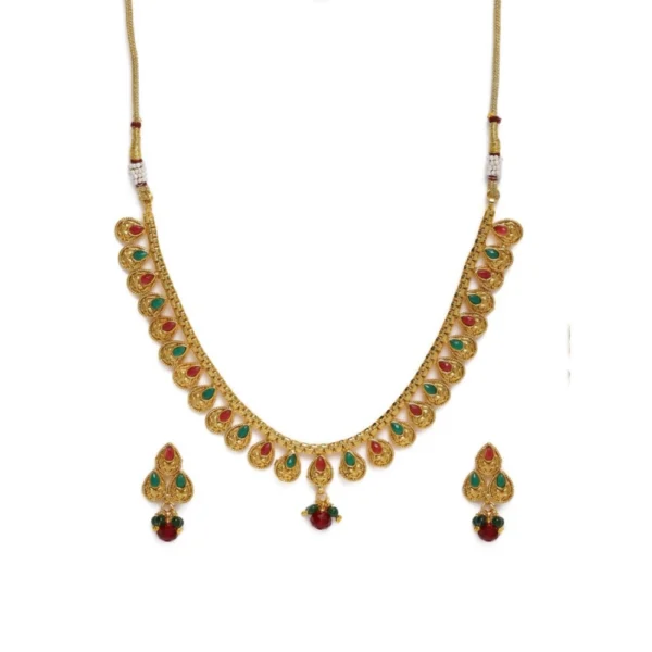 Women's Rose Gold Plated Alloy Necklace & Earings Set (Green & Red)