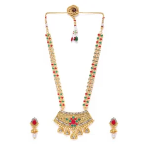 Women's Rose Gold Plated Alloy Necklace & Earings Set (Green & Red)