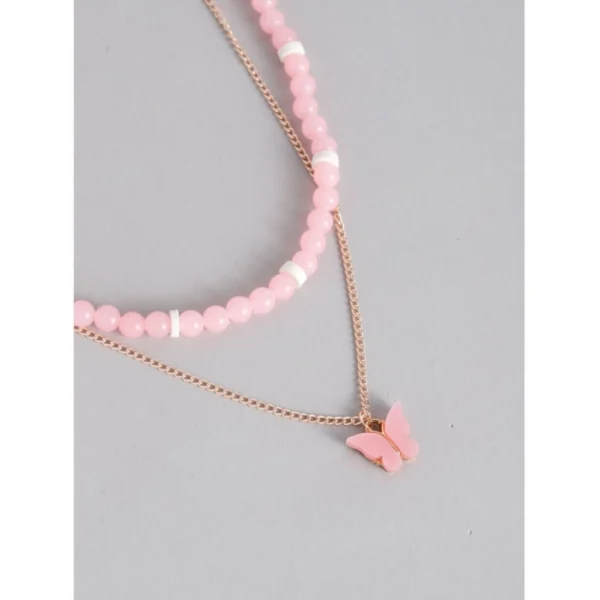 Women's Rose Gold Plated Brass Pendant Chain With Beaded Bracelet (Pink)