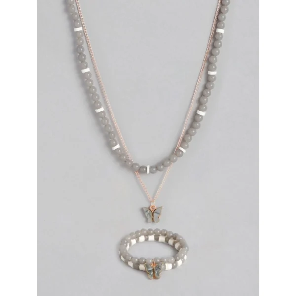 Women's Rose Gold Plated Brass Pendant Chain With Beaded Bracelet (Grey)