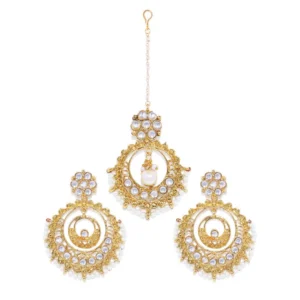 Women's Rose Gold Plated Alloy Kundan Earrings & Mangtikka (White)