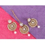 Women's Rose Gold Plated Alloy Kundan Earrings & Mangtikka (White)